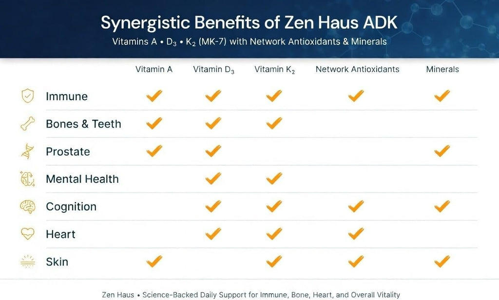 Zen Haus ADK Vitamins A D3 K2 E con CoQ10 y Ácido Alfa Lipoico – 100 cápsulas