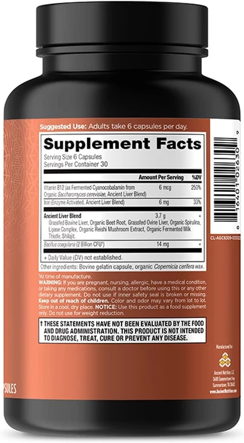 Ancient Nutrition - Suplemento de Órganos, Hígado de Res y Cordero, 180 Cápsulas