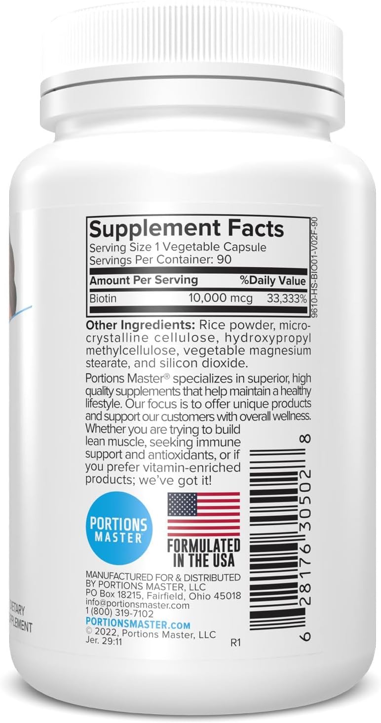Portions Master Biotina 10000mcg, Cabello, Uñas y Piel (90 Cápsulas Vegetales)
