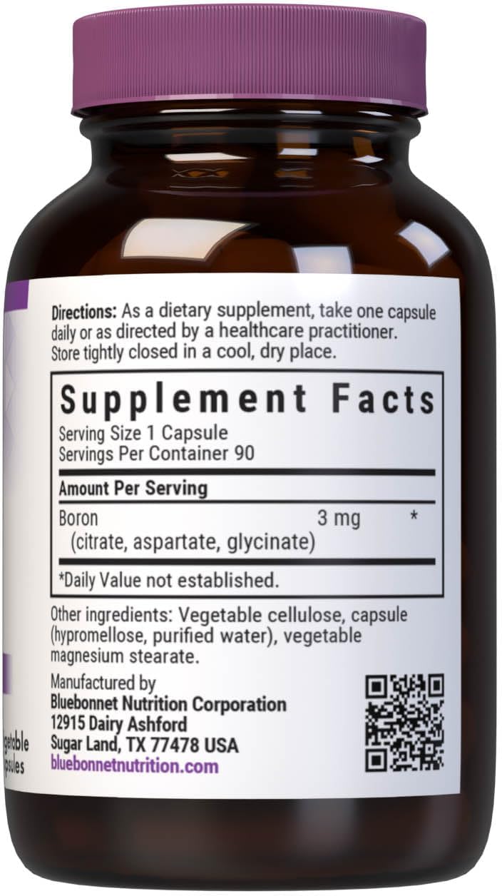 Bluebonnet Triple Boron 3 mg - Complemento de Boro con Citrato, Aspartato y Glicinato - Vegano, Sin Gluten, Non-GMO - 90 Cápsulas Vegetales