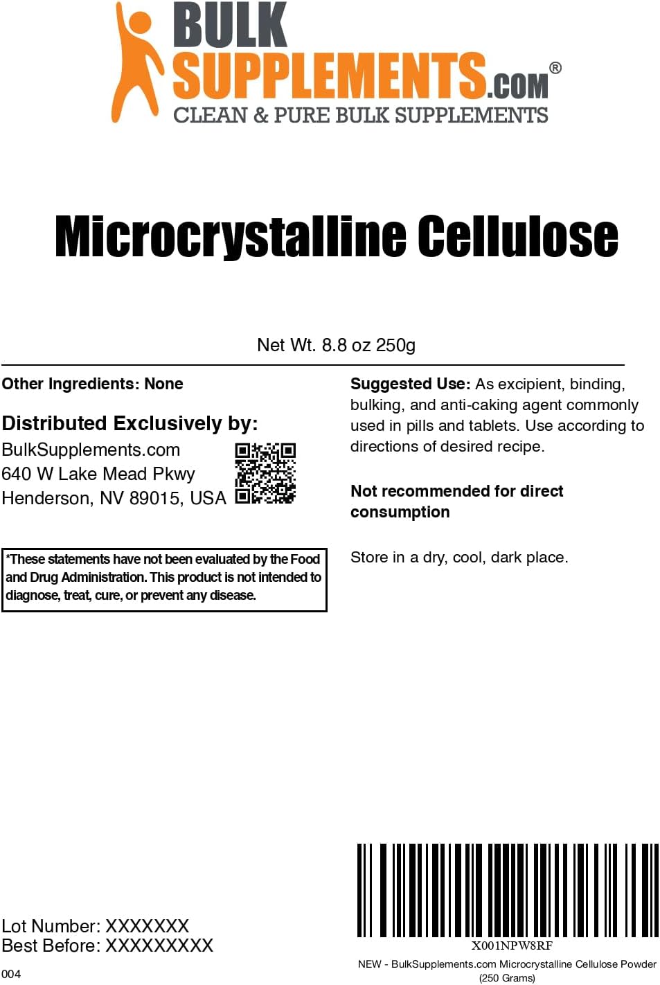 Celulosa Microcristalina en Polvo (MCC) - Grado Alimentario, 250g