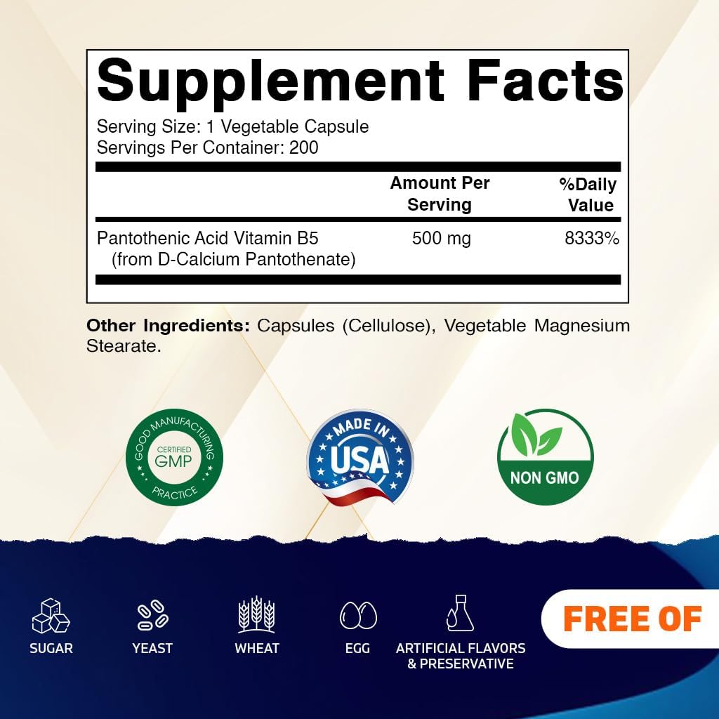 Vitamatic Ácido Pantoténico (Vitamina B5) 500 mg - 200 Cápsulas Vegetales