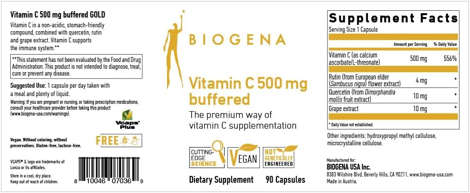 Biogena Vitamina C 500 mg buffered Gold - Complejo de Vitamina C tamponada, 90 Cápsulas