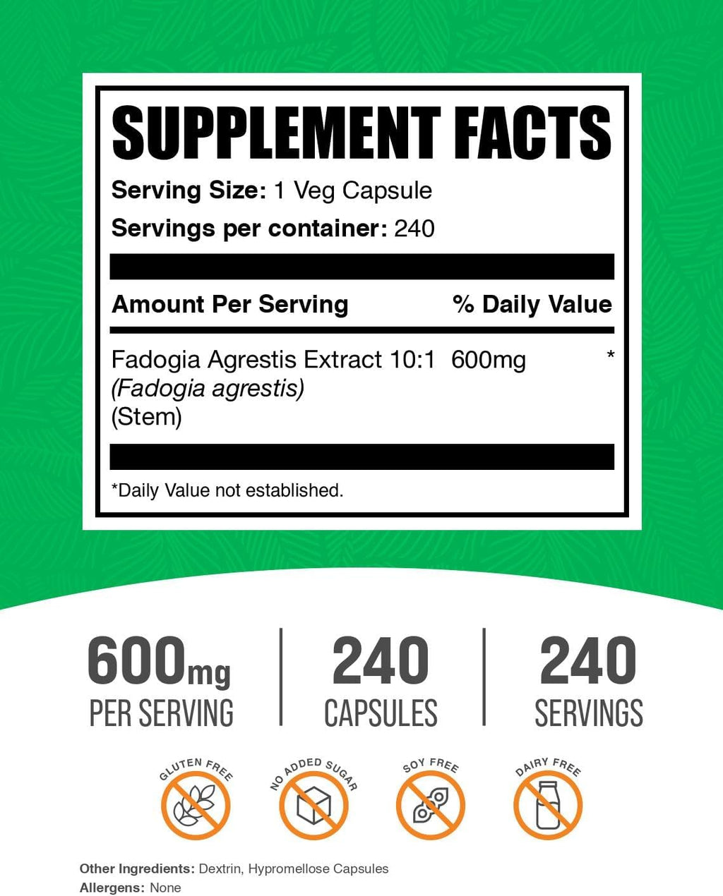 Fadogia Agrestis 600mg Cápsulas – Apoyo Energético, Vegano, 240 Cápsulas Vegetales