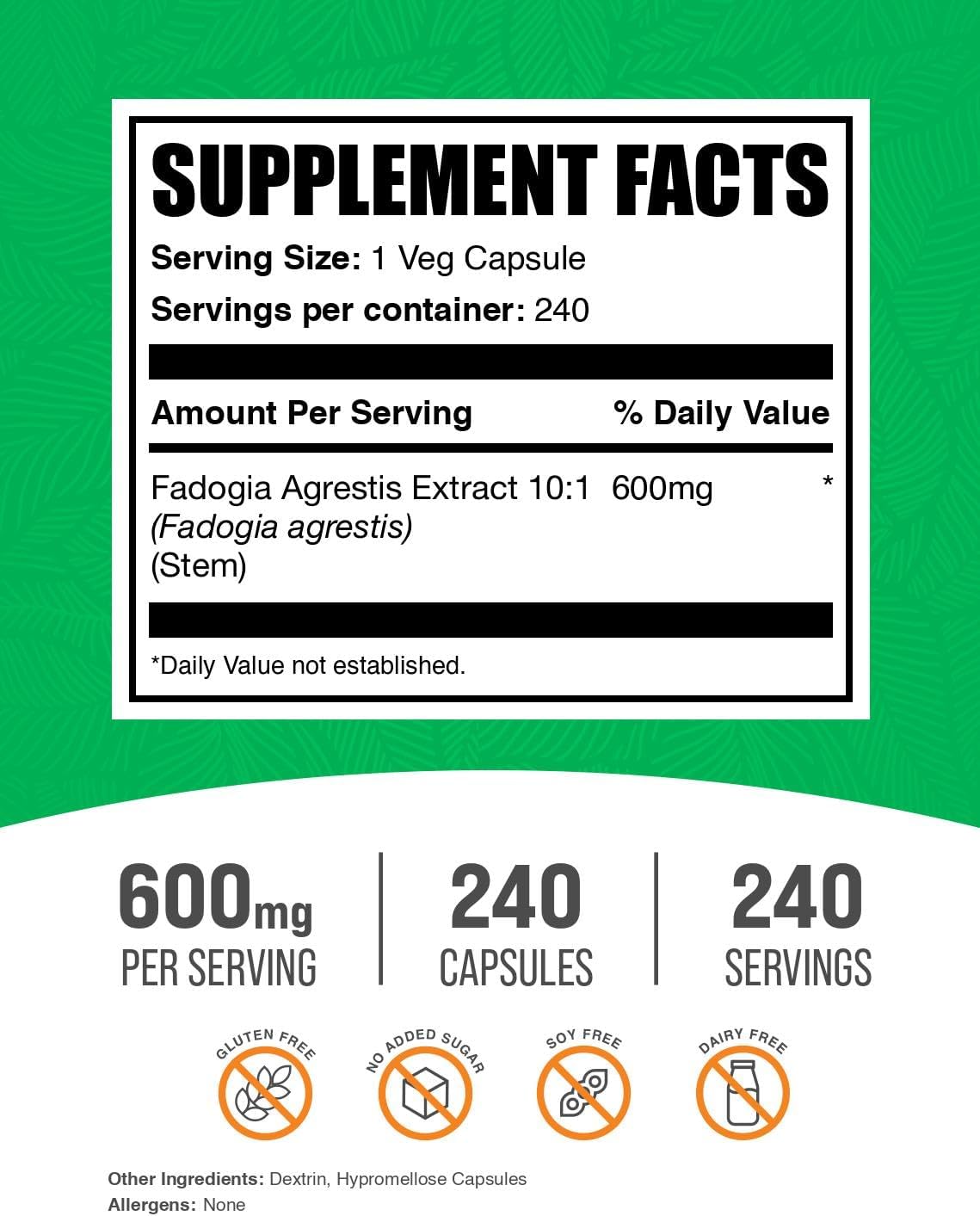 Fadogia Agrestis 600mg Cápsulas – Apoyo Energético, Vegano, 240 Cápsulas Vegetales