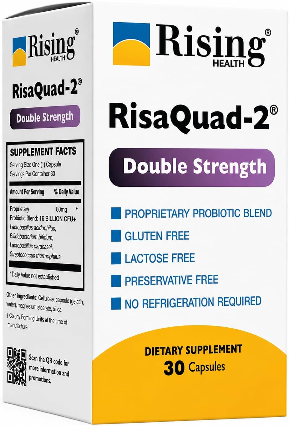 Rising Health RisaQuad™ Probiotic Capsules – 40 mg (8 Billion CFU+) Proprietary Blend for Digestive & Gut Health | Shelf Stable - 30 Capsules