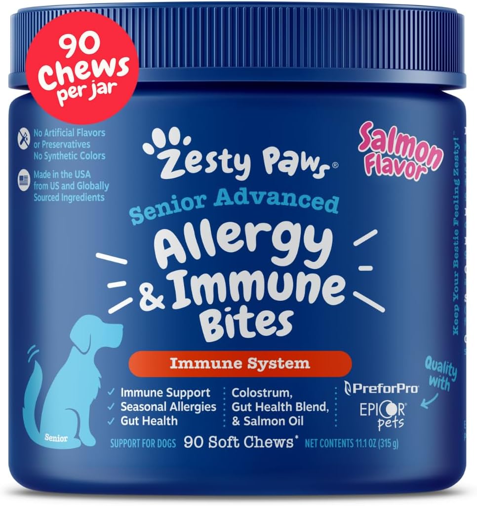 Zesty Paws Puppy Allergy Immune Bites - Masticables para alergias caninas, probióticos para picor de piel y oídos, sabor cordero, 90 unidades