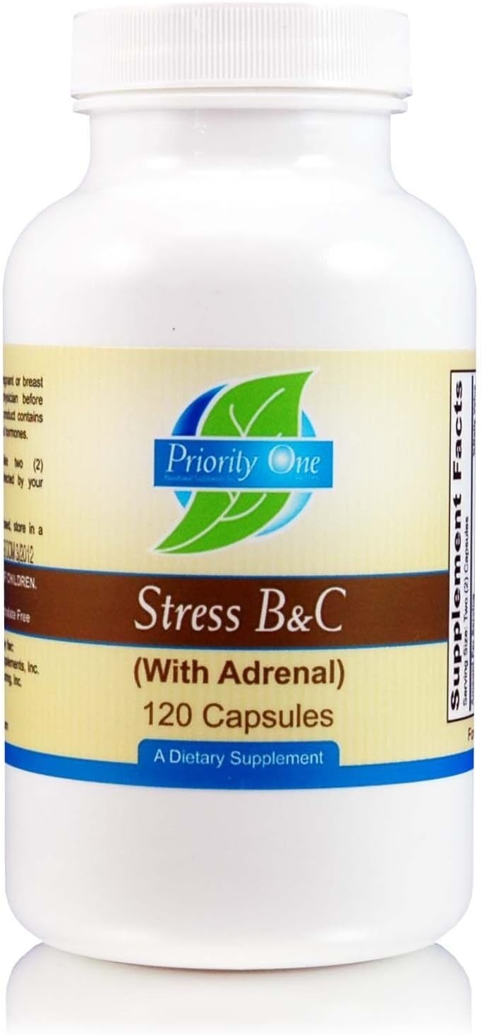 Priority One Vitamins Stress B & C 120 Cápsulas - Complejo B con Glándula Suprarrenal Entera para Apoyar Nervios, Piel, Ojos, Sistema Gastrointestinal y Funciones Cerebrales Saludables