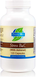 Priority One Vitamins Stress B & C 120 Cápsulas - Complejo B con Glándula Suprarrenal Entera para Apoyar Nervios, Piel, Ojos, Sistema Gastrointestinal y Funciones Cerebrales Saludables
