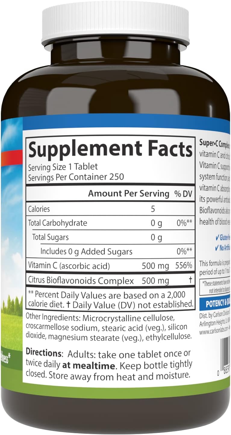 Carlson Super-C Complex, Vitamin C + Bioflavonoids, 250 Vegetarian Tablets