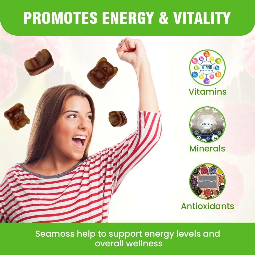 Safrel Gominolas de Musgo Marino Irlandés 3000mg con Bladderwrack y Raíz de Bardana - 60 Gominolas Veganas Sabor Frambuesa