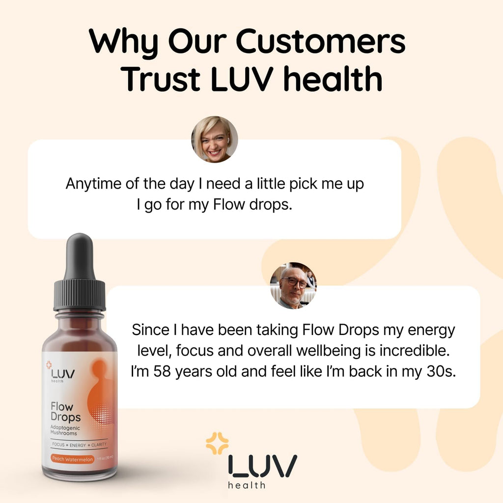 LUV Health Flow Drops - Hongos Adaptógenos para Energía y Concentración, 30 Dosis