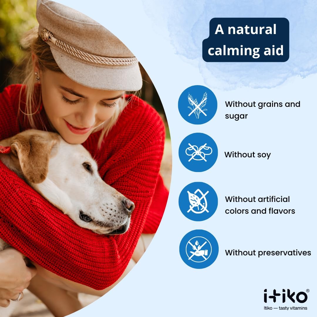 ITIKO Vitaminas para Perros | Suplemento Calmante Sabroso | Tranquilizante para Perros | Apoya el Sistema Nervioso, Reduce Ladridos, L-Triptófano