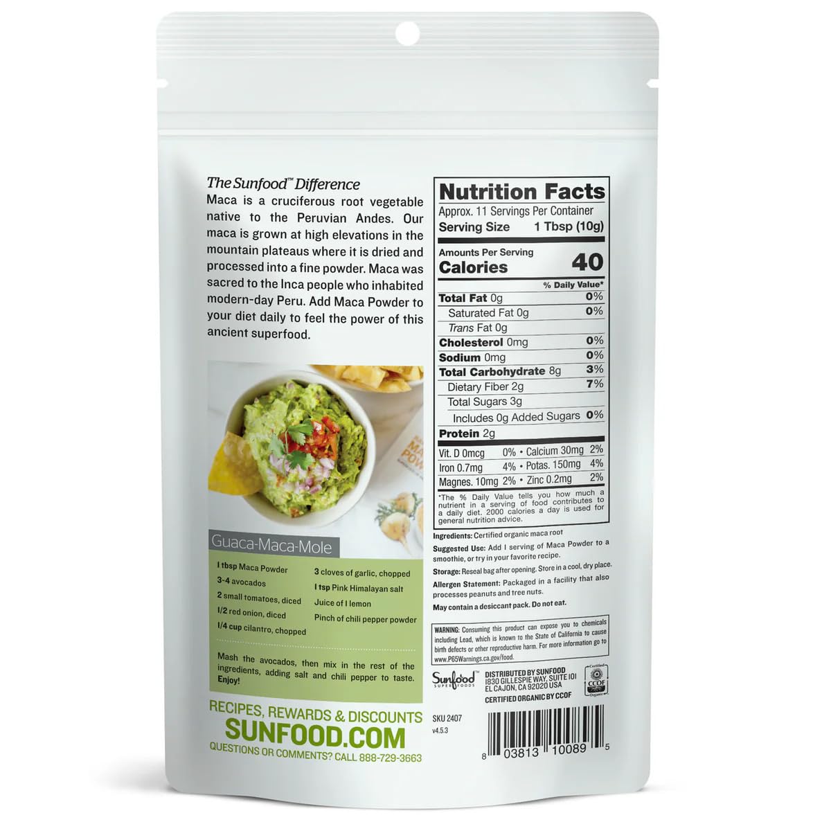 Sunfood Superfoods Maca en Polvo Orgánica - 227 g