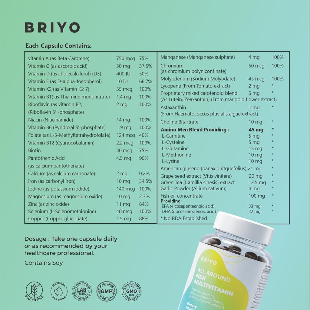 Briyo All Around Men - Multivitamínico para Hombres con 38 Vitaminas, Minerales, Omega 3 y Extractos Vegetales