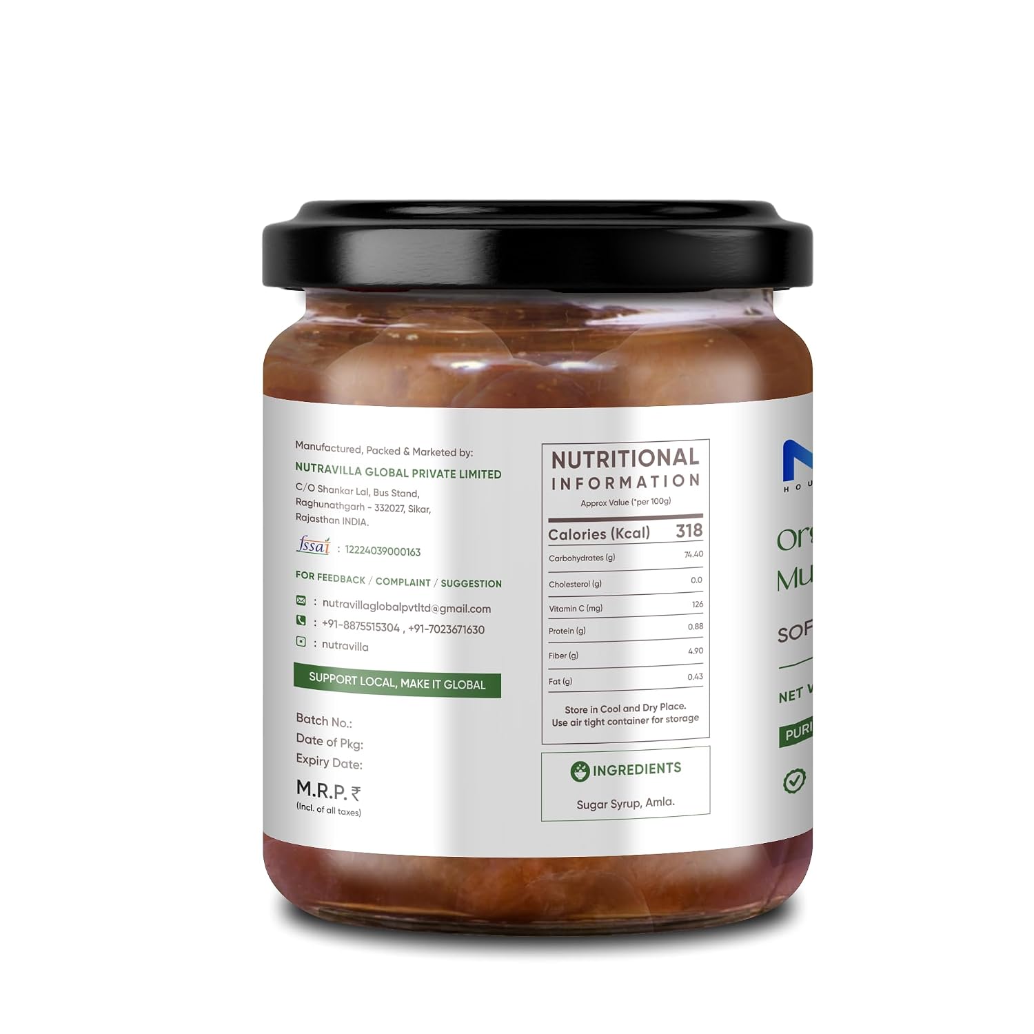 Nutravilla Amla Murabba Orgánico | Awla Murrabba Natural y Seco | Rico en Vitamina C y Antioxidantes | Frasco de 450 g