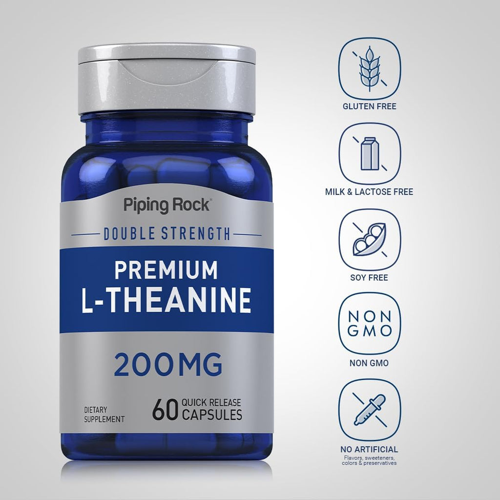 Piping Rock L-Theanine 200mg, 60 Capsules, Double Strength, Non-GMO, Gluten Free