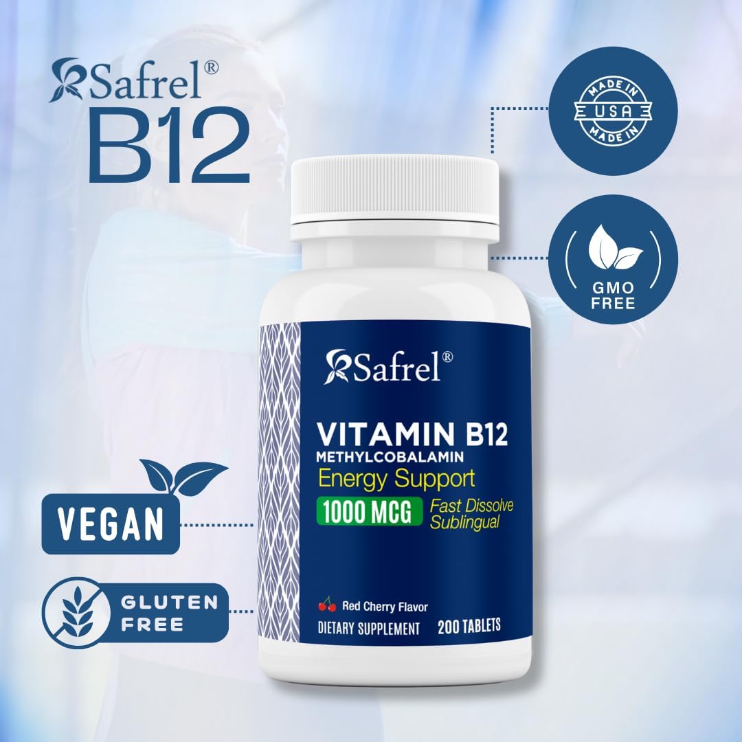 Safrel Vitamina B12 Metilcobalamina 1000 mcg | Comprimidos Sublinguales de Disolución Rápida | Sabor Cereza | 200 Unidades