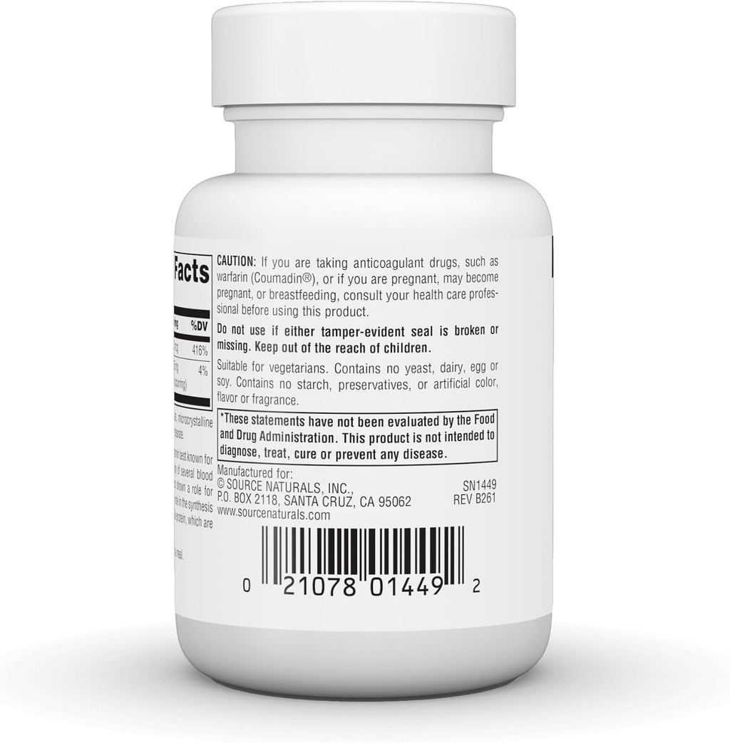 Source Naturals Vitamina K1 500 mcg - 100 Tabletas de Filoquinona