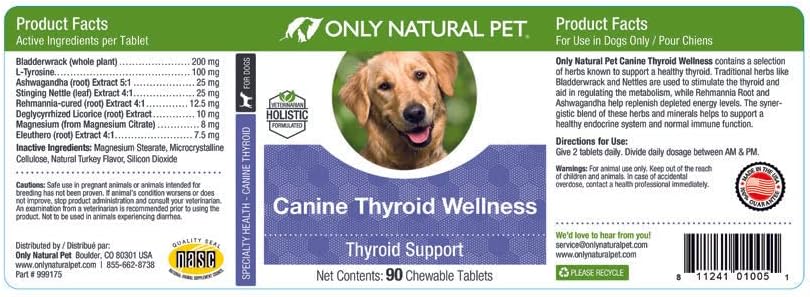 Only Natural Pet Suplemento de Bienestar Tiroideo para Perros - 90 Comprimidos Masticables