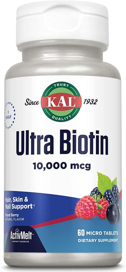 KAL Ultra Biotin 10000mcg - 60 Micro Tabletas de Biotina Sabor Natural a Bayas