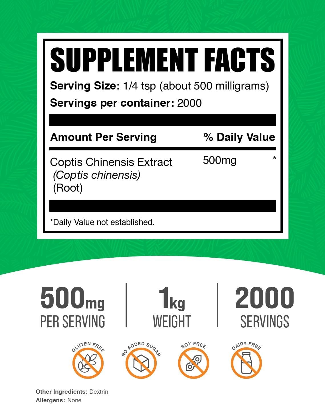 Extracto de Coptis Chinensis en Polvo - Suplemento de Berberina, Vegano y Sin Gluten, 500mg por Ración, 1kg