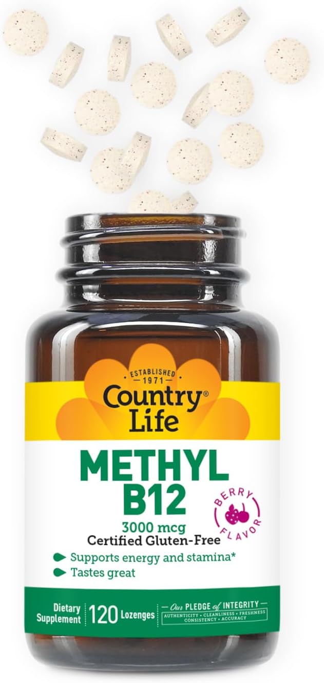 Country Life Metil B12, 3000 mcg Pastillas, Sabor a Bayas, 120 Pastillas Veganas