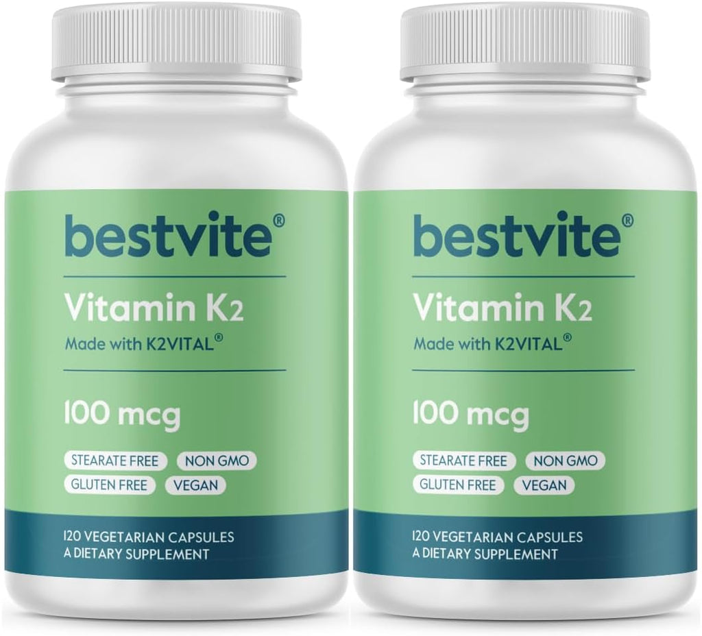 BESTVITE Vitamina K2 100 mcg MK-7 con K2VITAL Patentado (120 Cápsulas Vegetarianas) - Vegano, Sin Gluten, No GMO