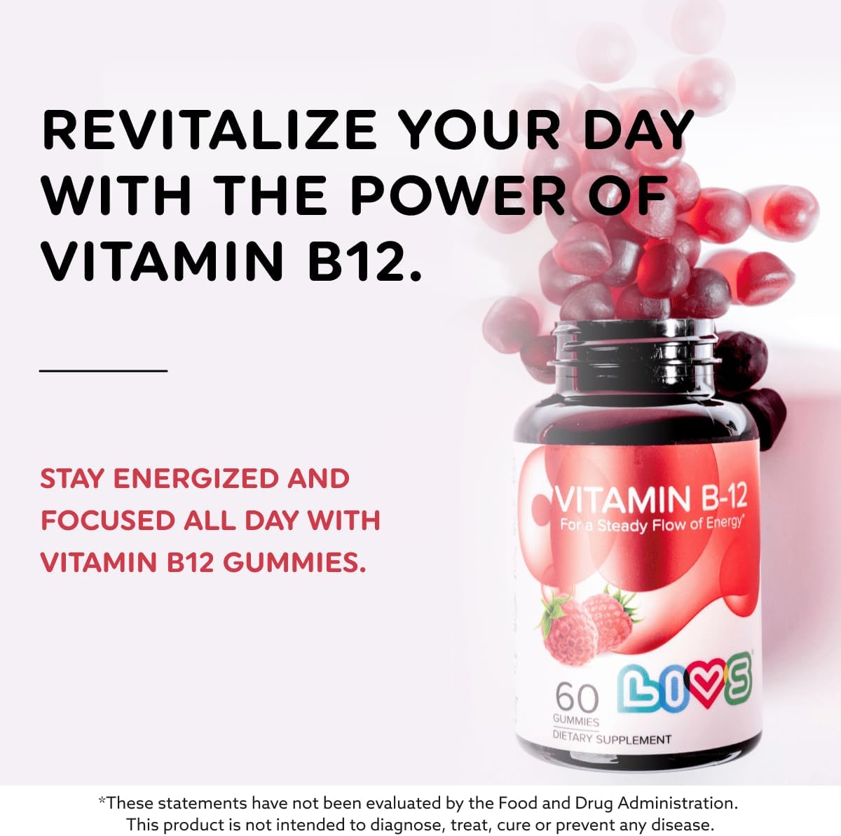 LIVS Vitamina B12 Gummies - 1500 mcg de Metilcobalamina Vegana - Suplemento para Energía, Metabolismo y Nervios - 60 Gominolas Sabor Frambuesa