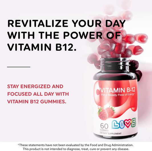 LIVS Gominolas de Vitamina B12 - Metilcobalamina 1500 mcg - Energía y Metabolismo - Sabor Frambuesa - 120 Unidades