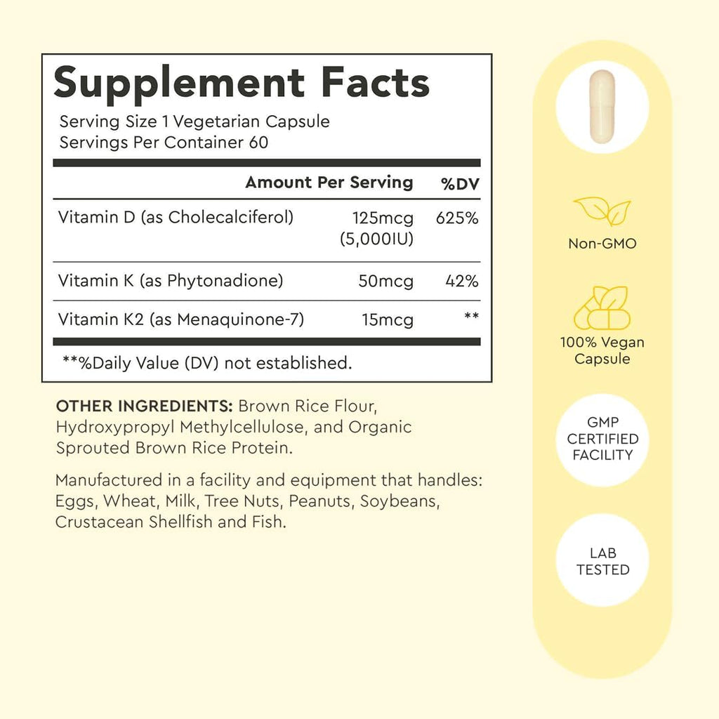 Alaya Naturals Vitamina D3 K2 MK-7 – 5000 IU D3, 50 mcg K1, 15 mcg K2 – 60 Cápsulas Vegetales