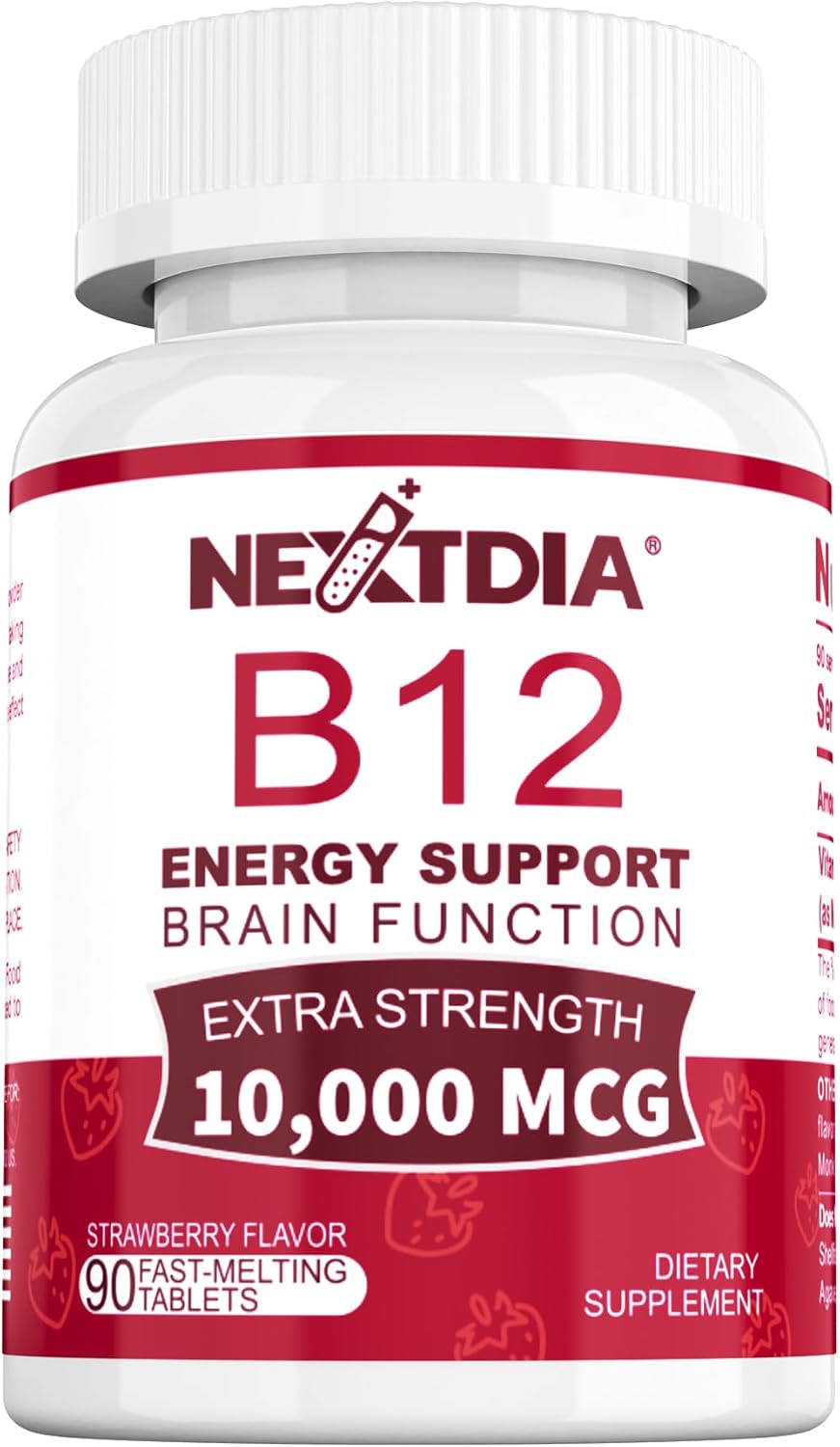 Vitamina B12 Metilcobalamina 10000 mcg – 90 Comprimidos Sublinguales Sabor Fresa – Vegano, Sin Gluten