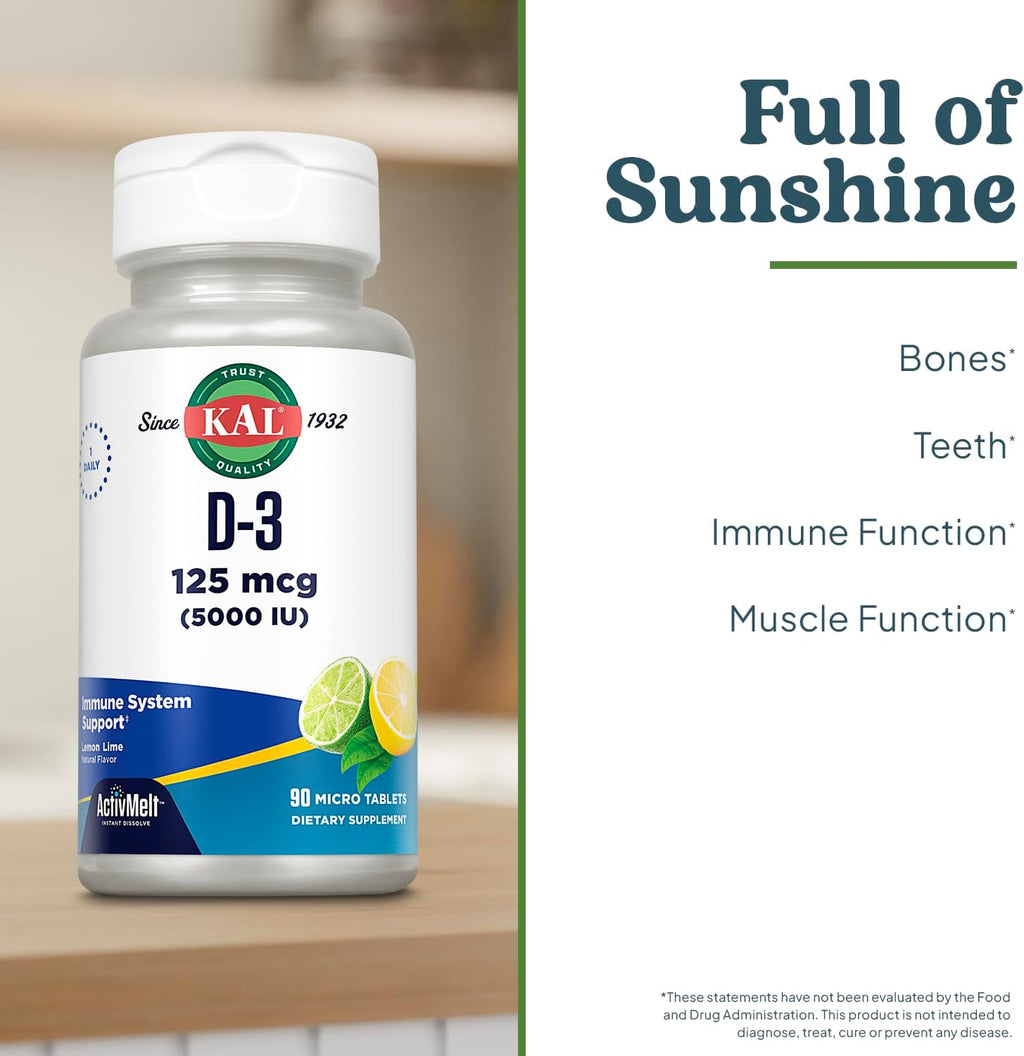 KAL Vitamina D3 5000 UI ActivMelt, Comprimidos Micro de Disolución Rápida, Sabor Limón-Lima Natural, 90 Comprimidos