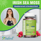 Safrel Gominolas de Musgo Marino Irlandés 3000mg con Bladderwrack y Raíz de Bardana - 60 Gominolas Veganas Sabor Frambuesa