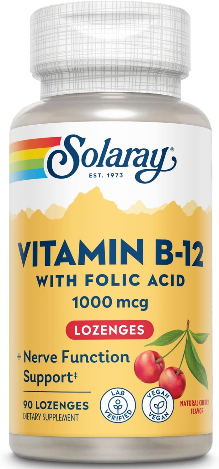 Solaray Vitamina B-12 1000mcg Pastillas Sublinguales con Ácido Fólico, Sabor Cereza Natural, 90 Comprimidos