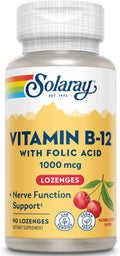 Solaray Vitamina B-12 1000mcg Pastillas Sublinguales con Ácido Fólico, Sabor Cereza Natural, 90 Comprimidos