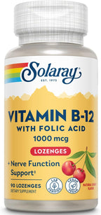 Solaray Vitamina B-12 1000mcg Pastillas Sublinguales con Ácido Fólico, Sabor Cereza Natural, 90 Comprimidos