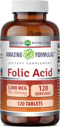 Amazing Formulas Ácido Fólico 5000 mcg, 120 Comprimidos - No OGM, Sin Gluten