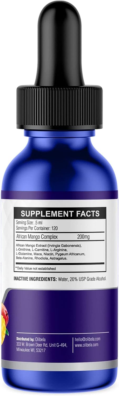 OLIBELA African Mango Gotas - Complejo Herbal 11-en-1 con Irvingia Gabonensis, L-Carnitina, Maca y Aminoácidos - Apoyo Metabólico - 60 ml
