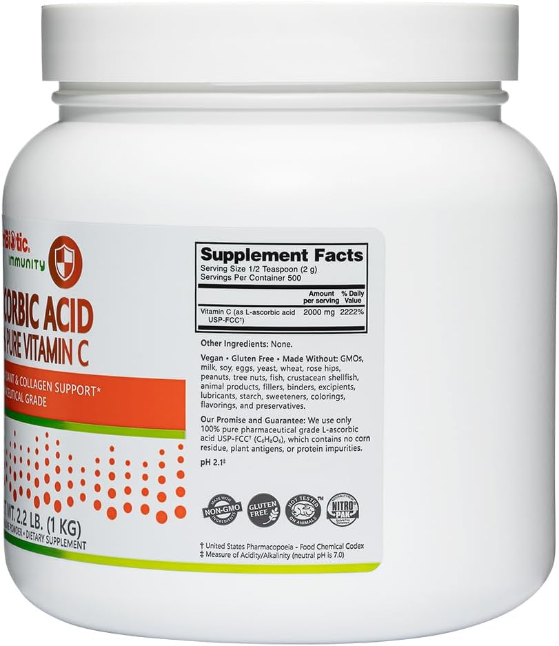 NutriBiotic Ascorbic Acid Vitamin C Powder, 2.2 lb (1 kg) - Pharmaceutical Grade L-Ascorbic Acid, 2000 mg Per Serving