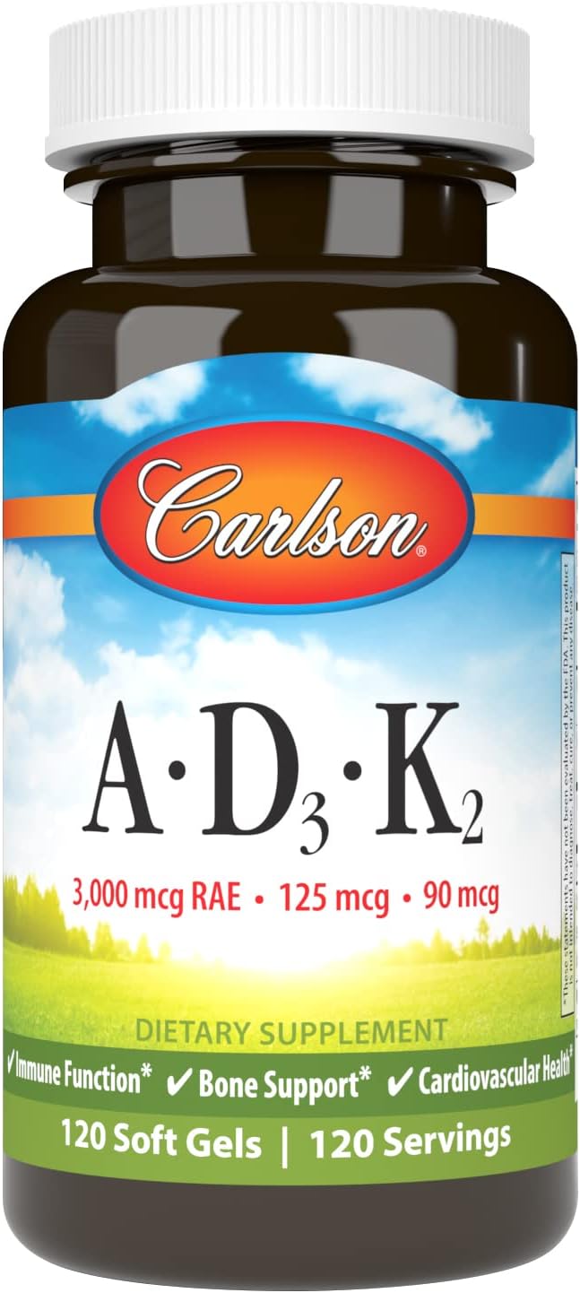 Carlson Vitaminas A, D3, K2 (MK-7) - 3000 mcg RAE Vitamina A, 125 mcg Vitamina D3, 90 mcg Vitamina K2 - 60 Cápsulas Blandas