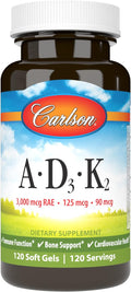 Carlson - Vitaminas A, D3, K2, 3000 mcg RAE Vitamina A, 125 mcg Vitamina D3, 90 mcg Vitamina K2 como MK-7, 120 Cápsulas Blandas