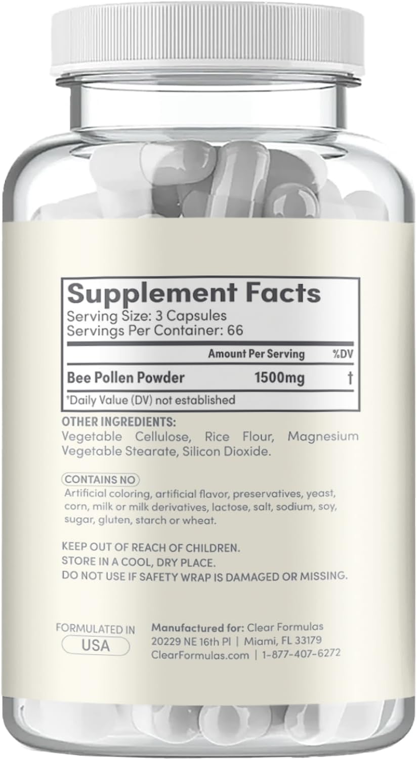 Clear Formulas Suplemento de Polen de Abeja de Alta Potencia - 1500mg por Dosis - 200 Cápsulas