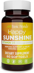 Basic Brands Happy Sunshine Vitamin D3 2000 IU, Sin Gluten | 60 Softgels
