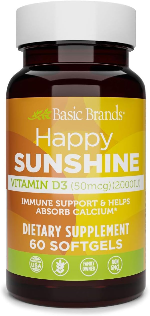 Basic Brands Happy Sunshine Vitamin D3 2000 IU, Sin Gluten | 60 Softgels