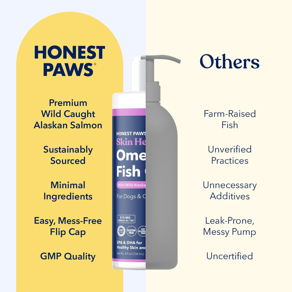 Honest Paws Aceite de Salmón para Perros y Gatos – Suplemento de Omega 3 para la Piel, el Pelaje, las Articulaciones y la Salud Cardíaca – Fuente Natural y Sostenible de Salmón Salvaje de Alaska, 236 ml