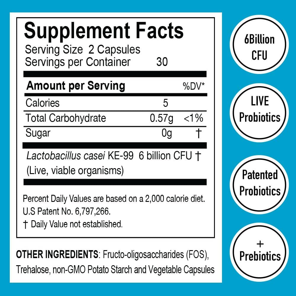 Probiohealth: Probióticos 6 mil millones UFC, para hombres y mujeres, Lactobacillus casei KE-99, FOS, Trehalosa, 60 cápsulas vegetarianas