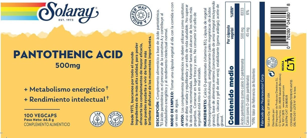 Solaray Ácido Pantoténico 500 mg - 100 Cápsulas