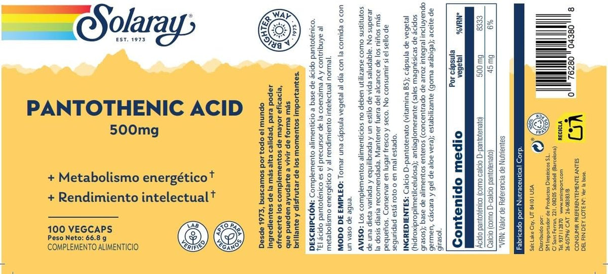 Solaray Ácido Pantoténico 500 mg - 100 – Forma de pantotenato cálcico: estable y bien absorbida. – Image 2