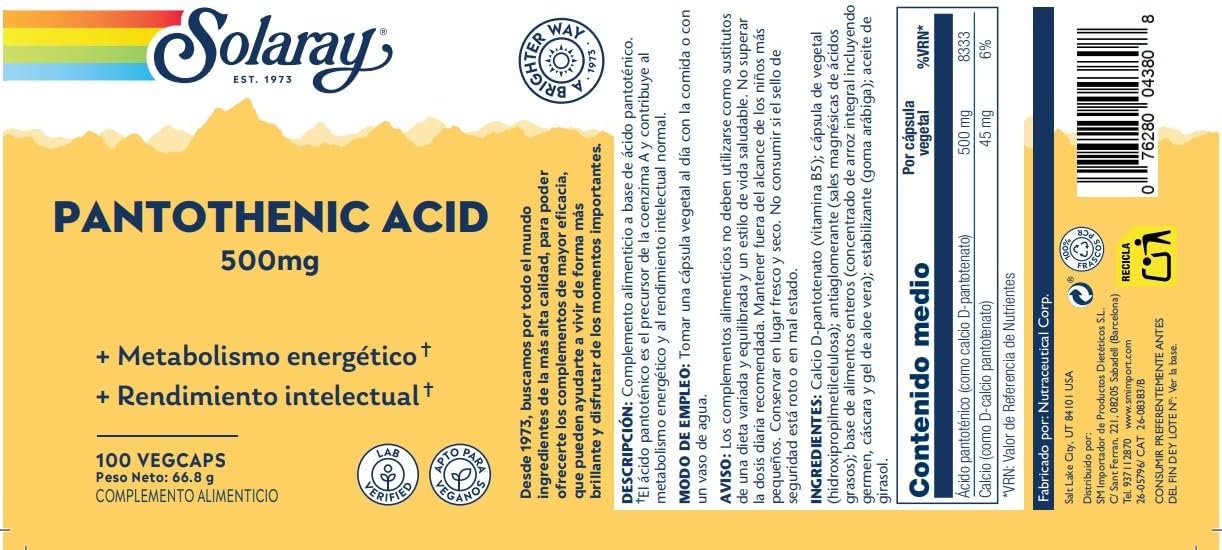 Solaray Ácido Pantoténico 500 mg - 100 Cápsulas